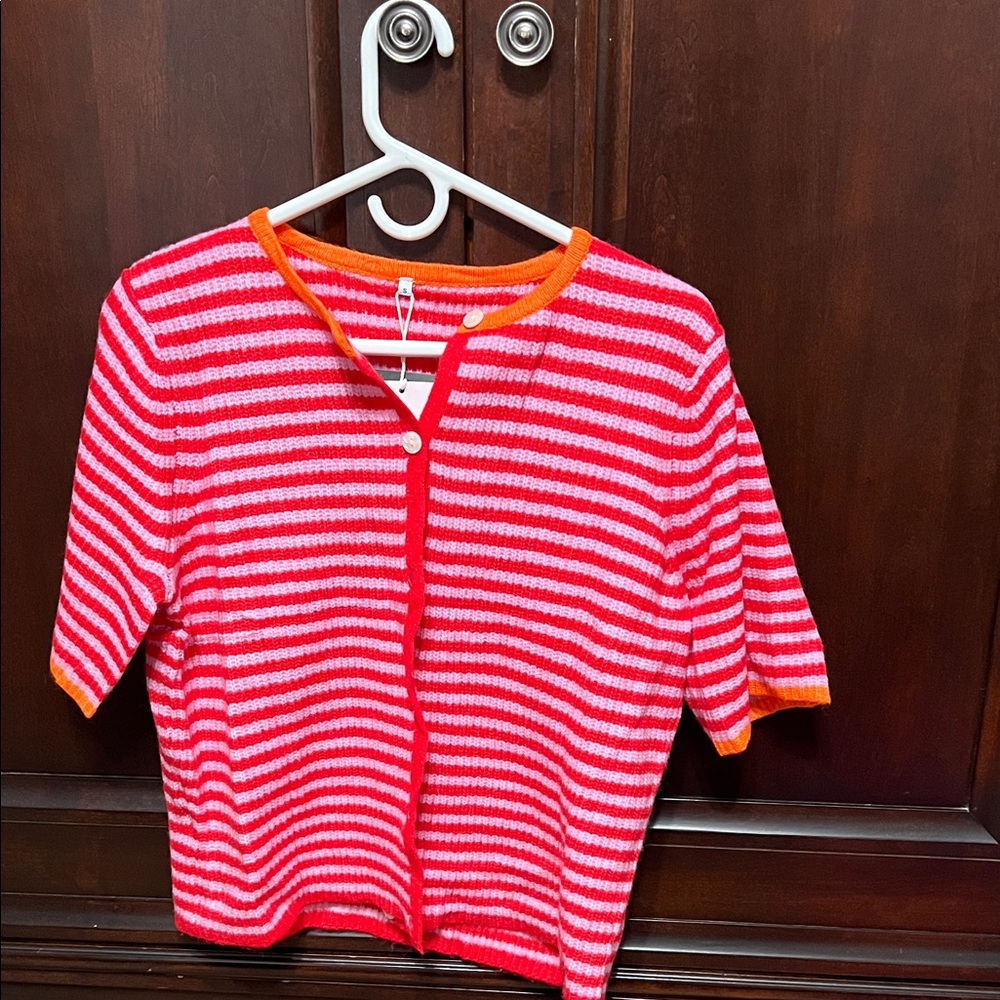 Striped pink and red striped short sleeve sweater